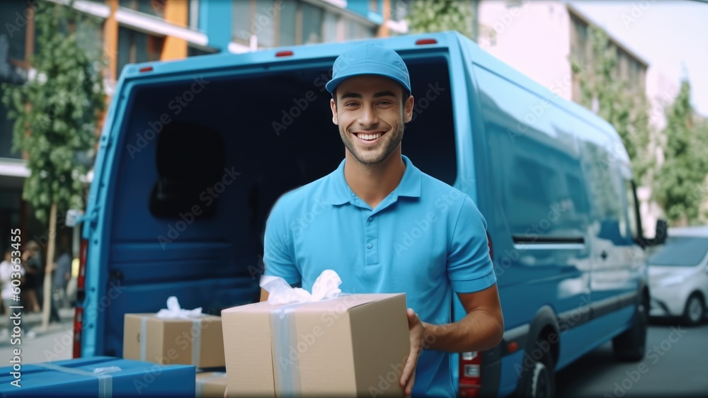 A courier in a blue uniform with a cap, with a cardboard gift box in his hands, stands next to his van. Gifts and surprises. Delivery and courier service. Transportation. Generative AI A courier in a blue uniform with a cap, with a cardboard gift box in his hands, stands next to his van. Gifts and surprises. Delivery and courier service. Transportation. Generative AI