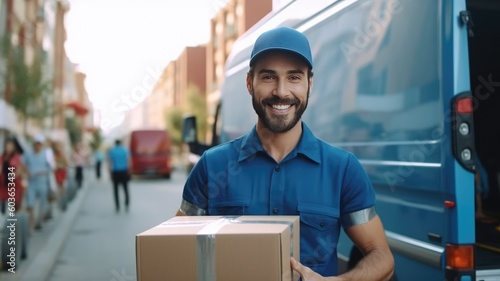 A bearded man in a blue uniform with a cap, on the street next to a cargo van, holds a box with orders in his hands. Delivery service, courier or delivery man. Generative AI © Светлана Парникова