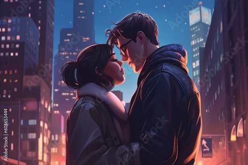 beautiful couple in the city, illustration of cartoon couple in the city, love and relationship concept, ai generative