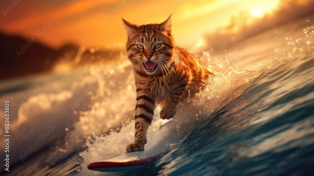Striped tabby cat wet and wild on a surfboard riding the rolling splashing waves in Hawaii with bright sunshine sunset backdrop, pure bliss and thrilling excitement - generative AI