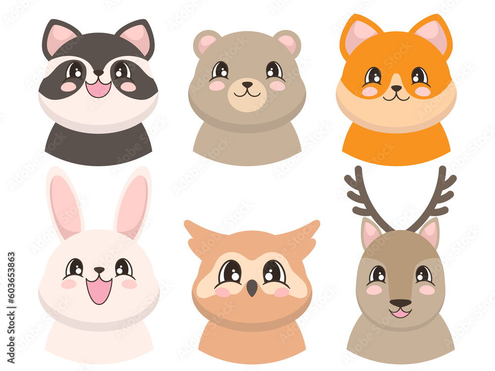 Portraits of cute animals in cartoon style. Rabbit, deer, owl, racoon, bear and fox. Illustration on transparent background