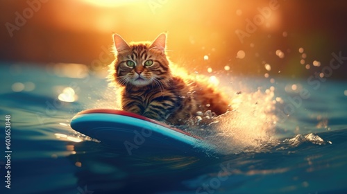 Striped tabby cat wet and wild on a surfboard riding the rolling splashing waves in Hawaii with bright sunshine sunset backdrop, pure bliss and thrilling excitement - generative AI