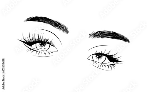 Hand-Drawn Illustration: Woman's Luxurious eye with natural shaped Eyebrows and full Lashes. Ideal for Business Visit Cards and Typography Vectors. Achieve the Perfect Salon look