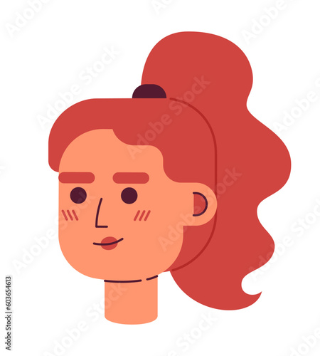 Young adult hispanic woman with ginger wavy ponytail semi flat vector character head. Editable cartoon avatar icon. Face emotion. Colorful spot illustration for web graphic design, animation