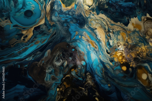 Abstract background in fluid art style. Blue and gold paint. AI generative.