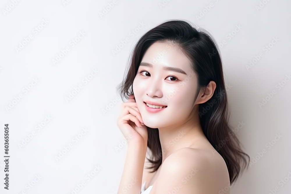 Beautiful Asian woman smiles and radiates happiness, showcasing her healthy, glowing skin. Generative AI Beautiful Asian woman smiles and radiates happiness, showcasing her healthy, glowing skin. Generative AI