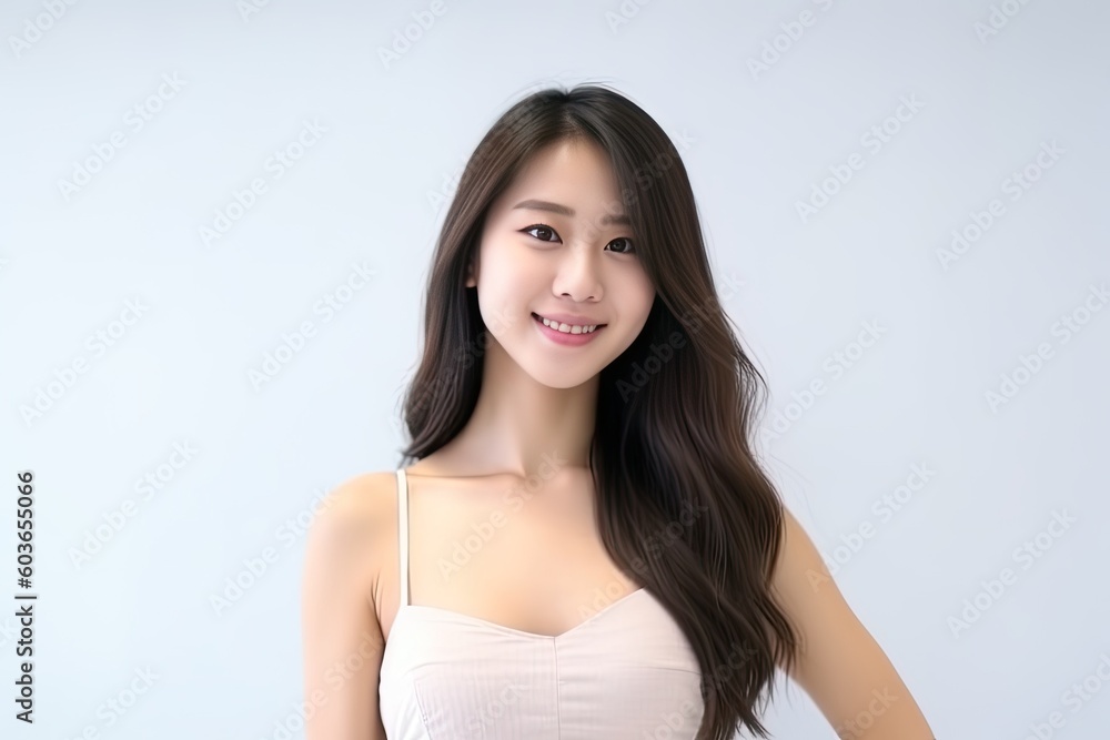 Beautiful Asian woman smiles and radiates happiness, showcasing her healthy, glowing skin. Generative AI Beautiful Asian woman smiles and radiates happiness, showcasing her healthy, glowing skin. Generative AI