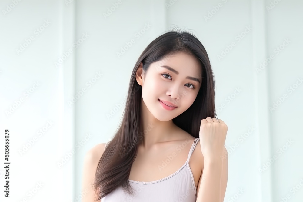 Beautiful Asian woman smiles and radiates happiness, showcasing her healthy, glowing skin. Generative AI Beautiful Asian woman smiles and radiates happiness, showcasing her healthy, glowing skin. Generative AI
