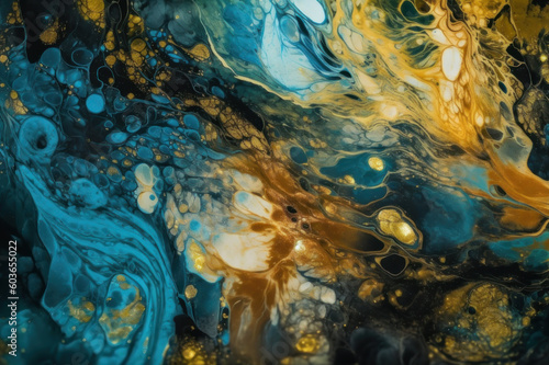 Abstract background in fluid art style. Blue and gold color. AI generative.