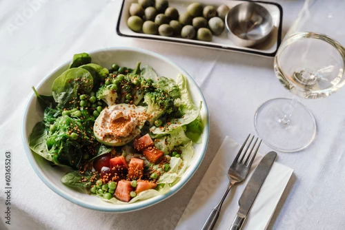 Obraz Overhead view of plate with healthy food in cafe