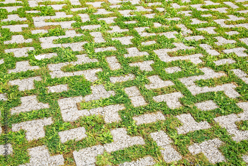 фотографія Concrete flooring blocks with grass permeable to rain water as required by the b