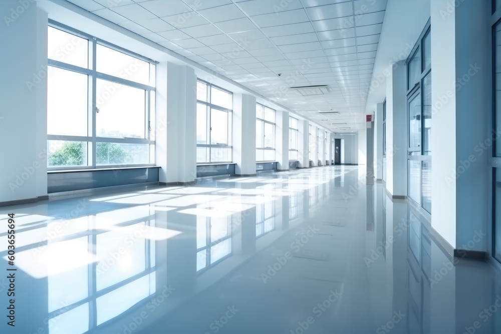 Light blurred background. The hall of an office or medical institution with panoramic windows and a perspective.