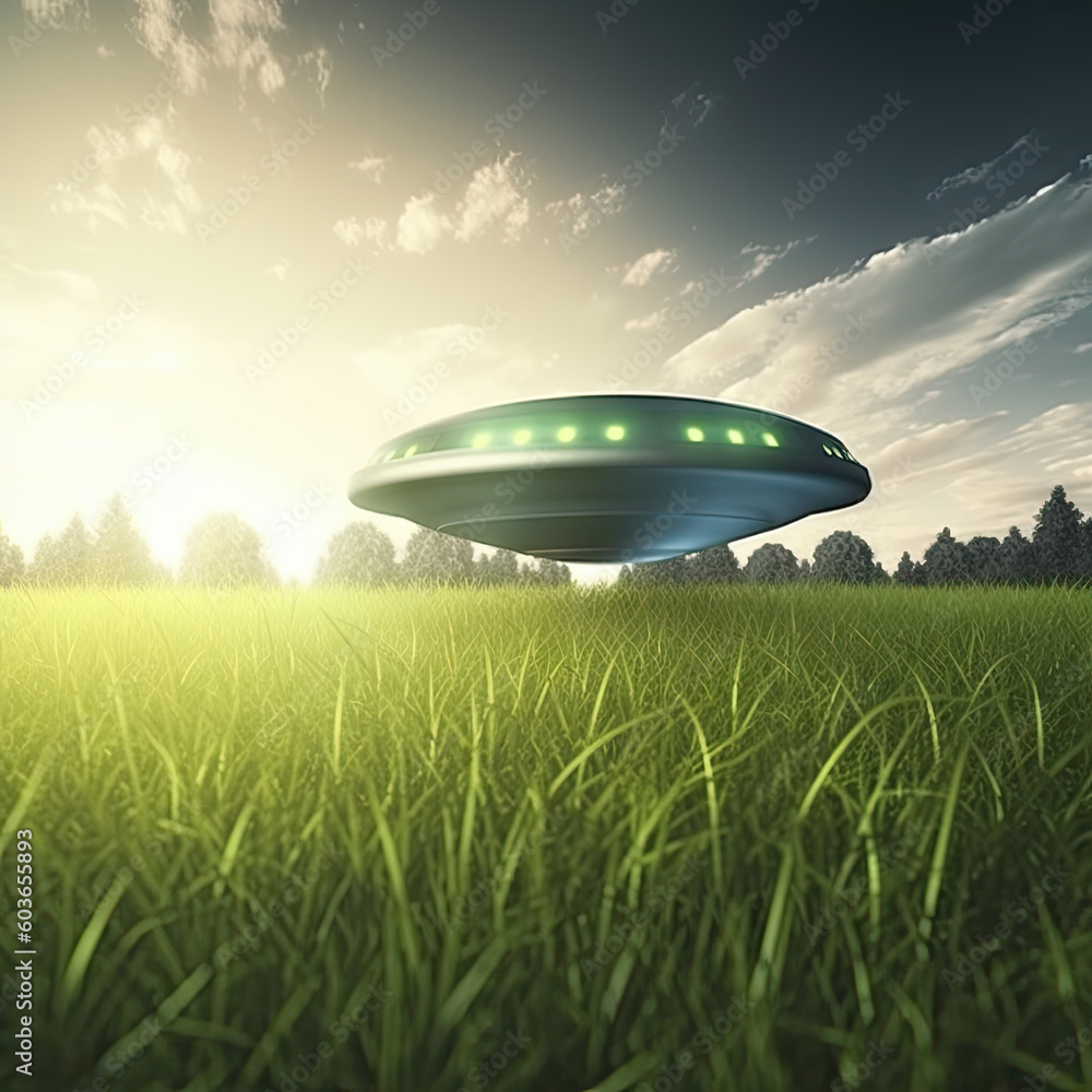 Grey UFO alien ship flying under green grass on sunny evening. Flying saucer with lights floating on cloudy day AI generative illustration Grey UFO alien ship flying under green grass on sunny evening. Flying saucer with lights floating on cloudy day AI generative illustration