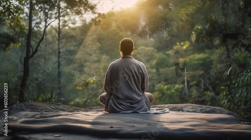 Serene individual practicing mindfulness meditation outdoors  surrounded by nature. Seen from the back  this calming scene exudes tranquility  mindfulness  nature  and well-being. Generative AI