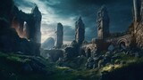 a ruins of an ancient castle against the dawn sky. generative AI
