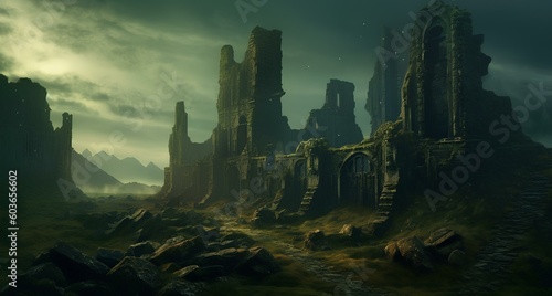 a ruins of an ancient castle against the dawn sky. generative AI