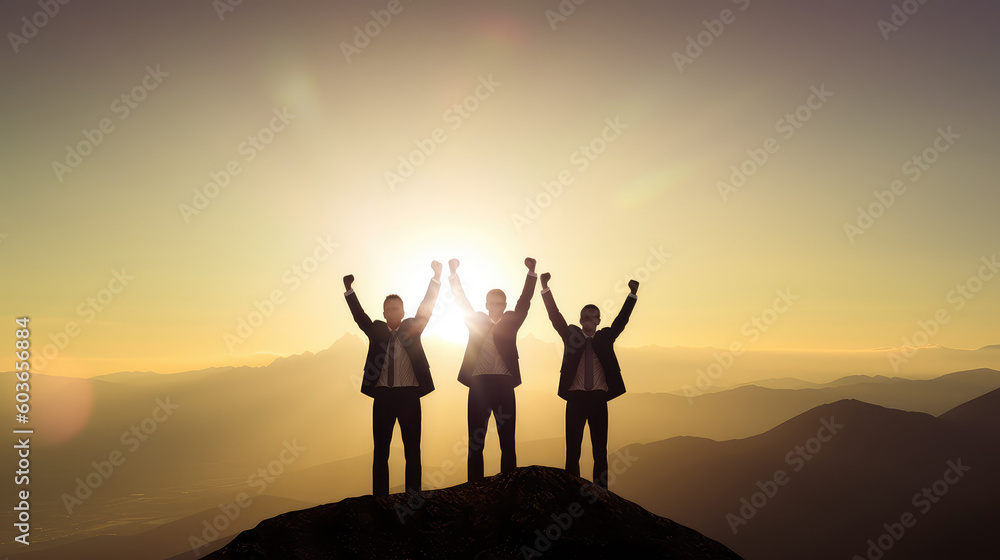 Silhouette of three businessmen standing and raise their hands together on the top of mountain with a morning sky and sunrise and enjoys the moment of success. Generative AI Silhouette of three businessmen standing and raise their hands together on the top of mountain with a morning sky and sunrise and enjoys the moment of success. Generative AI