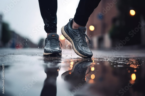 Wallpaper Mural Sneaker shoes, feet close-up. Wet rainy weather, puddles. Runner makes a morning run in a city street. Jogging, running, wellness, fitness, health concept. City landscape blurred background Torontodigital.ca