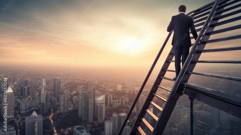 A Businessman Looks at the Beautiful Sun, Sky, and City View from the top of a Ladder, after Climbing through Hardship, Symbolizing Resilience, Passion, Perseverance, and Success. Generative AI A Businessman Looks at the Beautiful Sun, Sky, and City View from the top of a Ladder, after Climbing through Hardship, Symbolizing Resilience, Passion, Perseverance, and Success. Generative AI