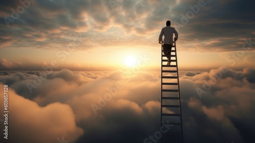 A Man Gazes at the Beautiful Sun and Sky from atop a Ladder, after Climbing through Hardship, Symbolizing Resilience, Passion, Perseverance, and Success. Generative AI