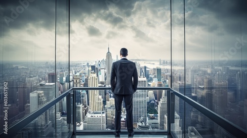 A businessman Looking Out of the Window at a city view. Business vision, ideas, thoughts, and plans concepts. AI-generated