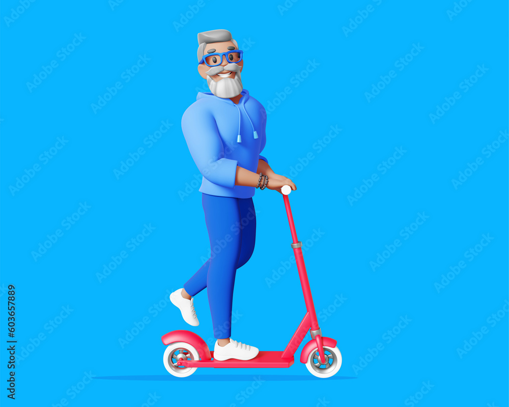 3d illustration of happy business man with gray hair, beard and glasses in blue clothes on blue color background. 3d render design of man character ride a red scooter 3d illustration of happy business man with gray hair, beard and glasses in blue clothes on blue color background. 3d render design of man character ride a red scooter