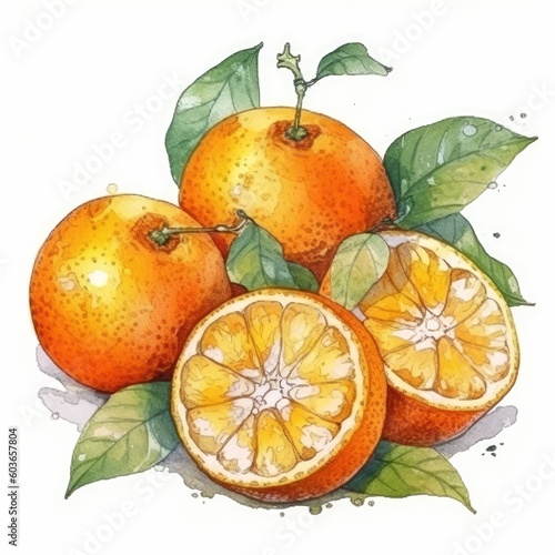 Oranges in watercolor style with ink outline on white background (generative AI)