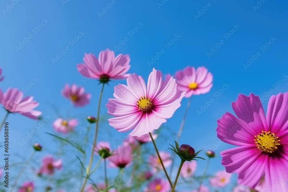 Beautiful pink cosmos flowers against the blue sky outdoors in nature close-up. Beautiful pink cosmos flowers against the blue sky outdoors in nature close-up.