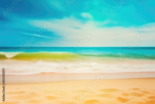 Abstract blur defocused background. Tropical summer beach with golden sand, turquoise ocean and blue sky with white clouds on bright sunny day. Colorful landscape for summer holidays.