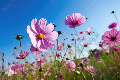 Beautiful pink cosmos flowers against the blue sky outdoors in nature close-up. © Kateryna