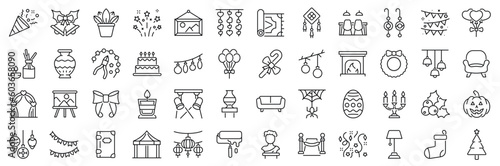 Set of 48 line icons related to home decoration, event, celerbration, decor. Outline icon collection. VEctor illustration. Editable stroke