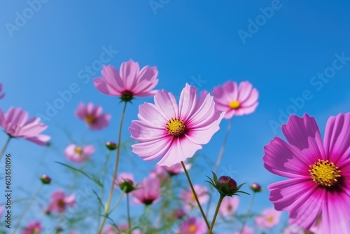 Beautiful pink cosmos flowers against the blue sky outdoors in nature close-up.