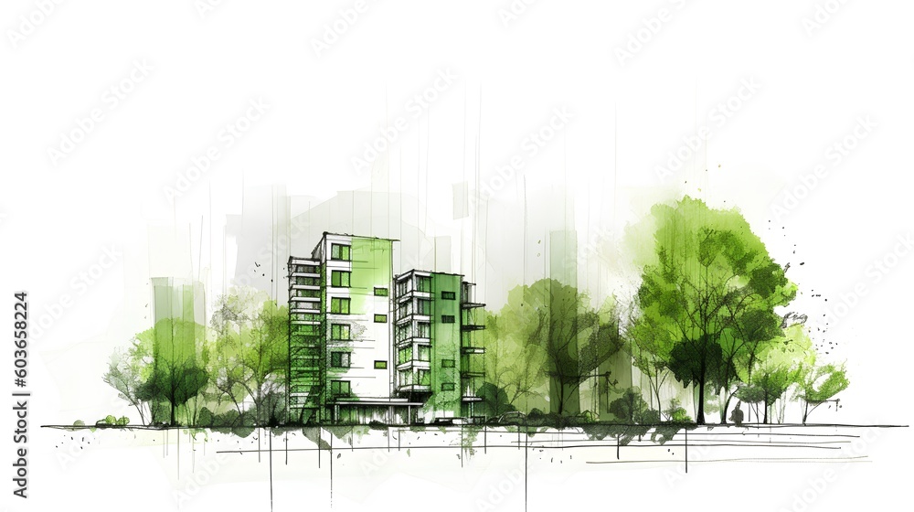 Sketch of a sustainable development project isolated on a white background. Green project, underlining the importance of environmental considerations in planning and architecture. Generative A