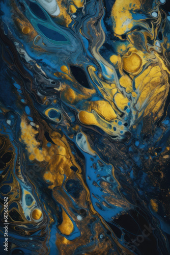 Abstract vertical background in fluid art style. Blue and gold paint. AI generative.