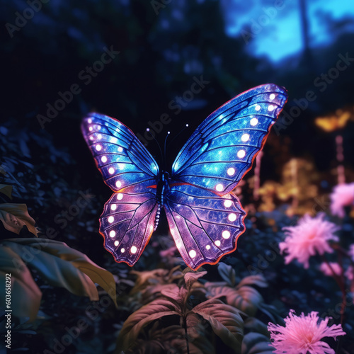 Neon Light Glowing Butterfly on Flower © Anurag
