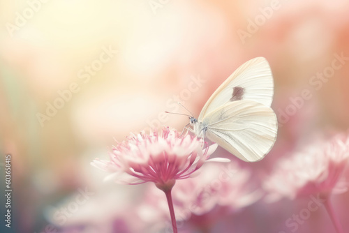 Delicately pink romantic natural floral background with a white butterfly on flower in soft daylight with beautiful bokeh and pastel colors, close-up macro