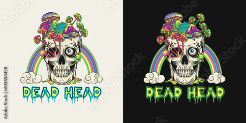 Label with text, psychedelic rainbow, human skull without top like cup, bowl, vase full of fantasy mushrooms, text Dead Head. Crazy mad skull with single eye and growing through skull mushrooms.