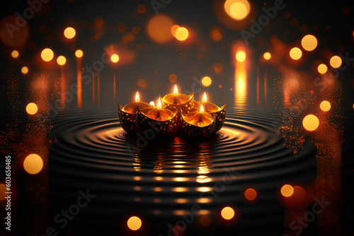 Diwali festival lights floating on water. Created using Generative AI