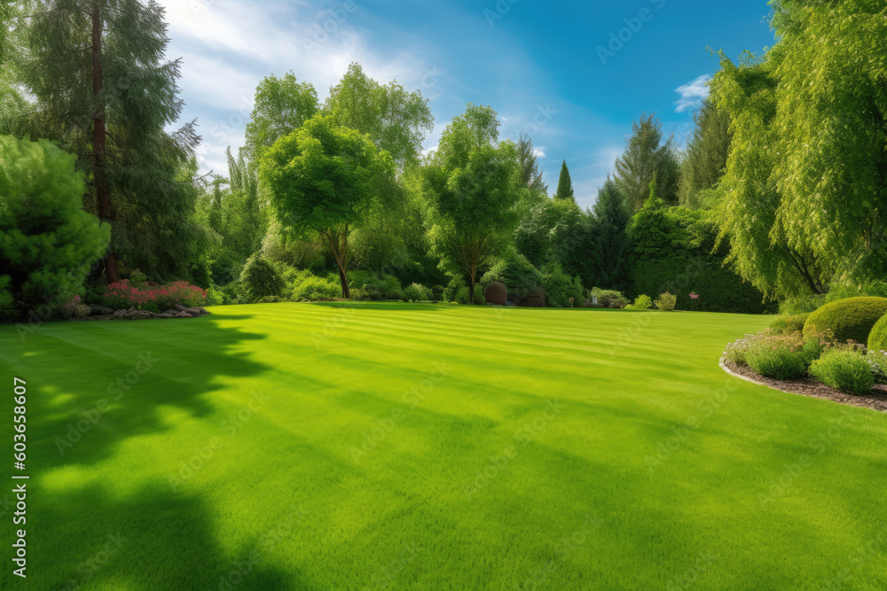 Beautiful wide format image of a manicured country lawn surrounded by trees and shrubs on a bright summer day. Spring summer nature.