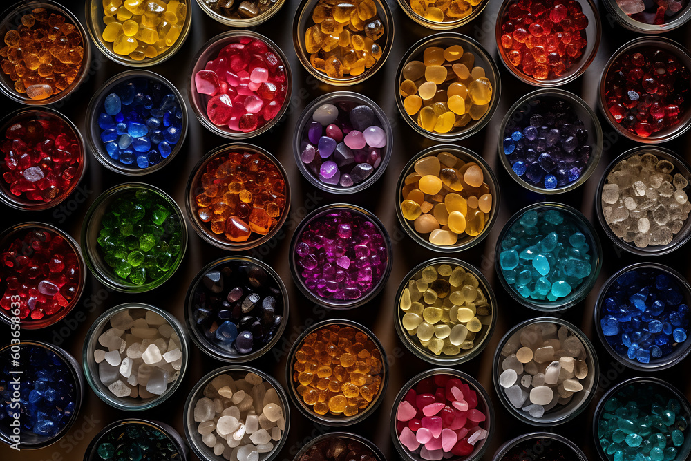 Aerial view, bowls of gemstones of rainbow color vibrant backlit translucent, generative ai