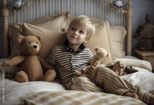 A kid in black and white stripped pajamas laying in bed in the morning with teddy bear, generative ai