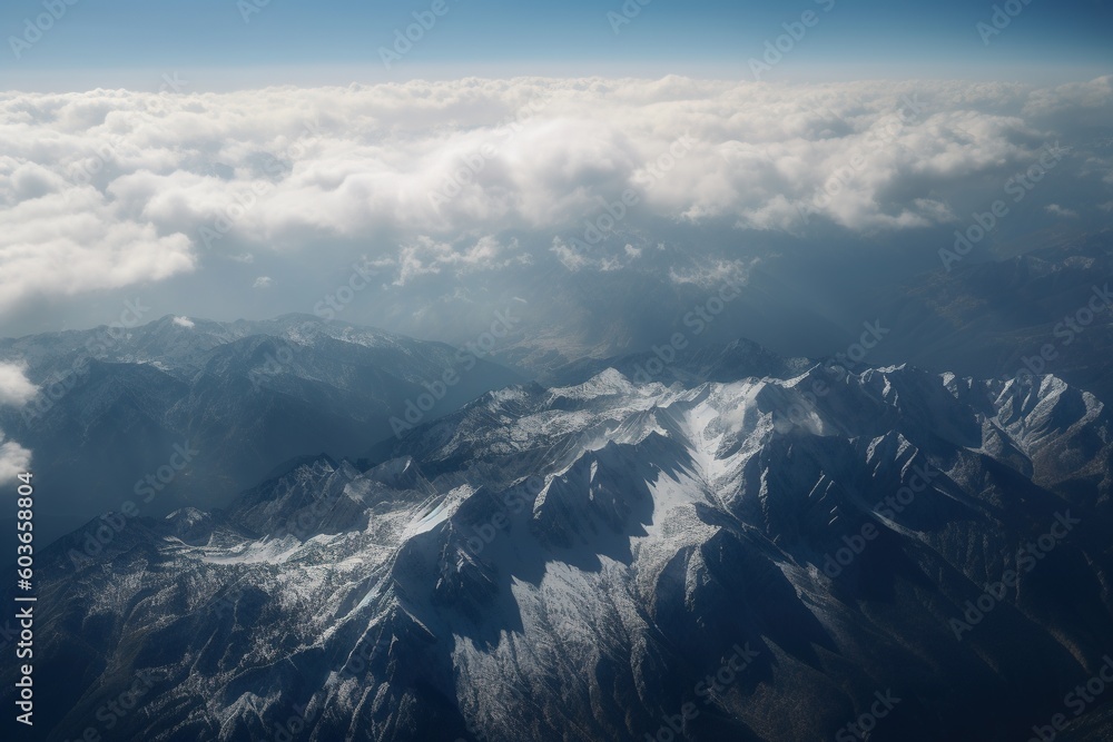 View of the snow-capped mountains from the airplane window -Ai