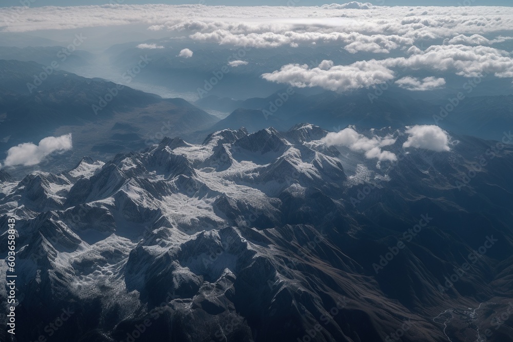 Fototapeta premium View of the snow-capped mountains from the airplane window -Ai