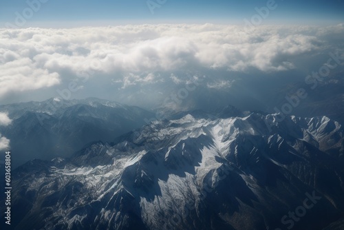 View of the snow-capped mountains from the airplane window -Ai