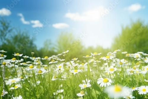 Beautiful blurred spring background nature with blooming glade chamomile, trees and blue sky on a sunny day.