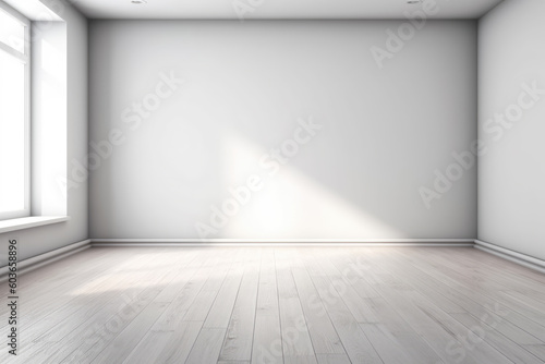 Empty light interior background. White textured empty wall and wooden light floor with beautiful lighting. AI generated. 