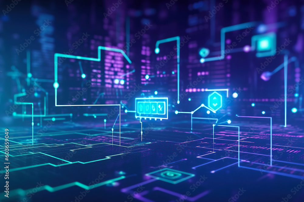 abstract background, telecommunications tech concept with blue lights, futuristic computing wire circuits, in the style of purple and blue, Generative AI abstract background, telecommunications tech concept with blue lights, futuristic computing wire circuits, in the style of purple and blue, Generative AI