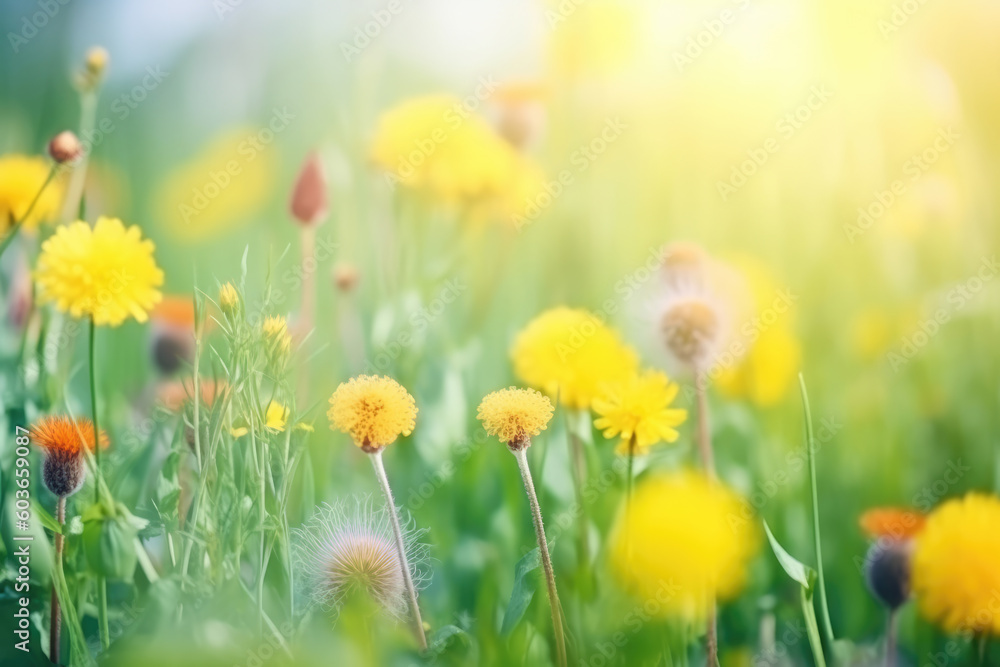 Fototapeta premium Beautiful colorful summer spring natural flower background in the form of a banner. Wildflowers and yellow dandelions on a bright sunny day with beautiful bokeh.