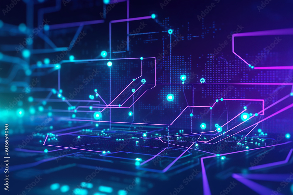 abstract background, telecommunications tech concept with blue lights, futuristic computing wire circuits, in the style of purple and blue, Generative AI abstract background, telecommunications tech concept with blue lights, futuristic computing wire circuits, in the style of purple and blue, Generative AI