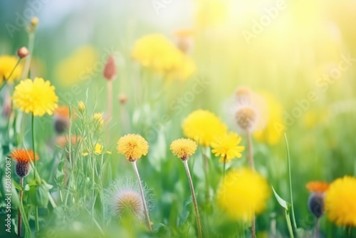 Beautiful colorful summer spring natural flower background in the form of a banner. Wildflowers and yellow dandelions on a bright sunny day with beautiful bokeh. © Kateryna